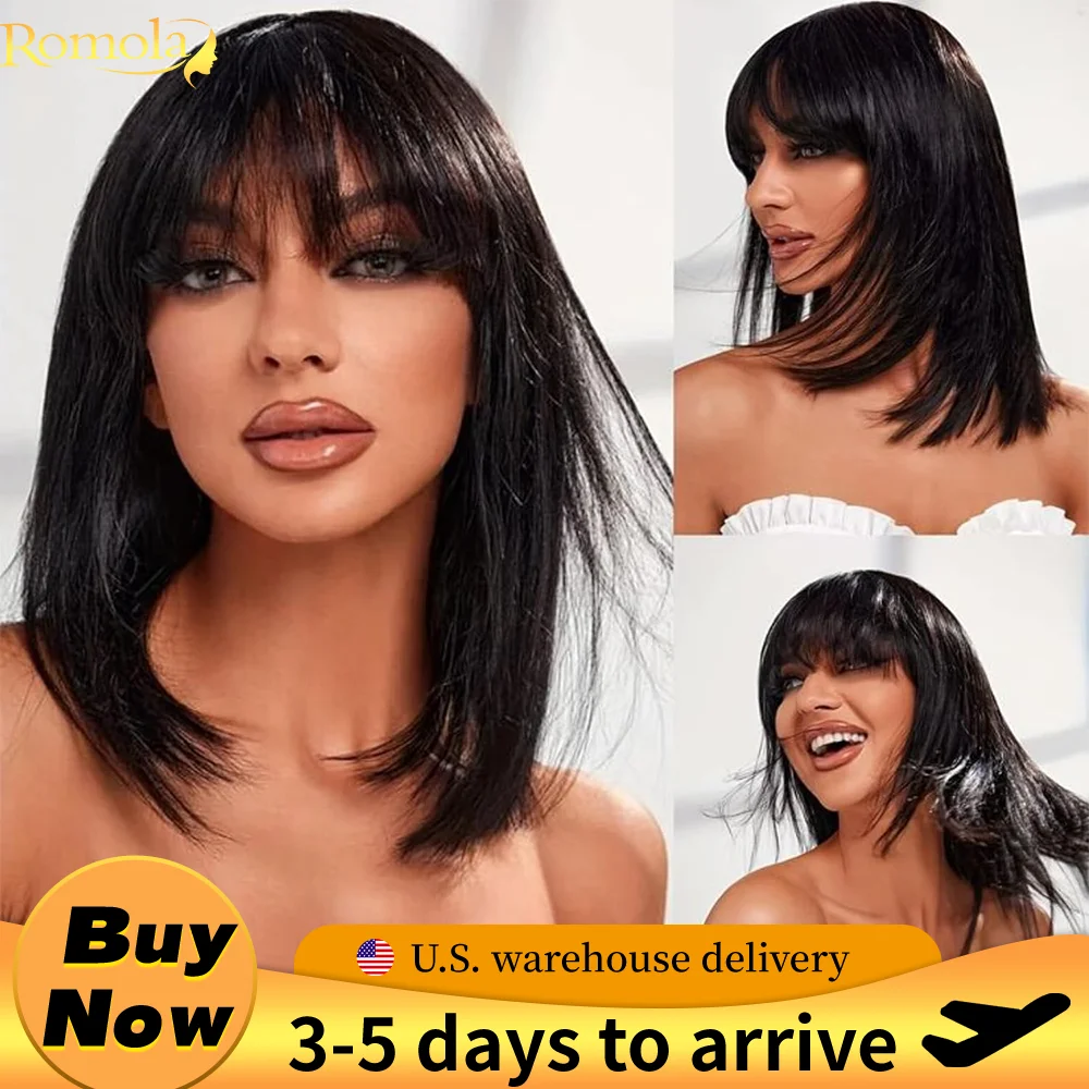 

Romola Brazilian Straight Bob Lace Wigs Glueless Straight Human Hair Wigs With Bangs Fringe Middle Part Bob Lace Wigs for Women