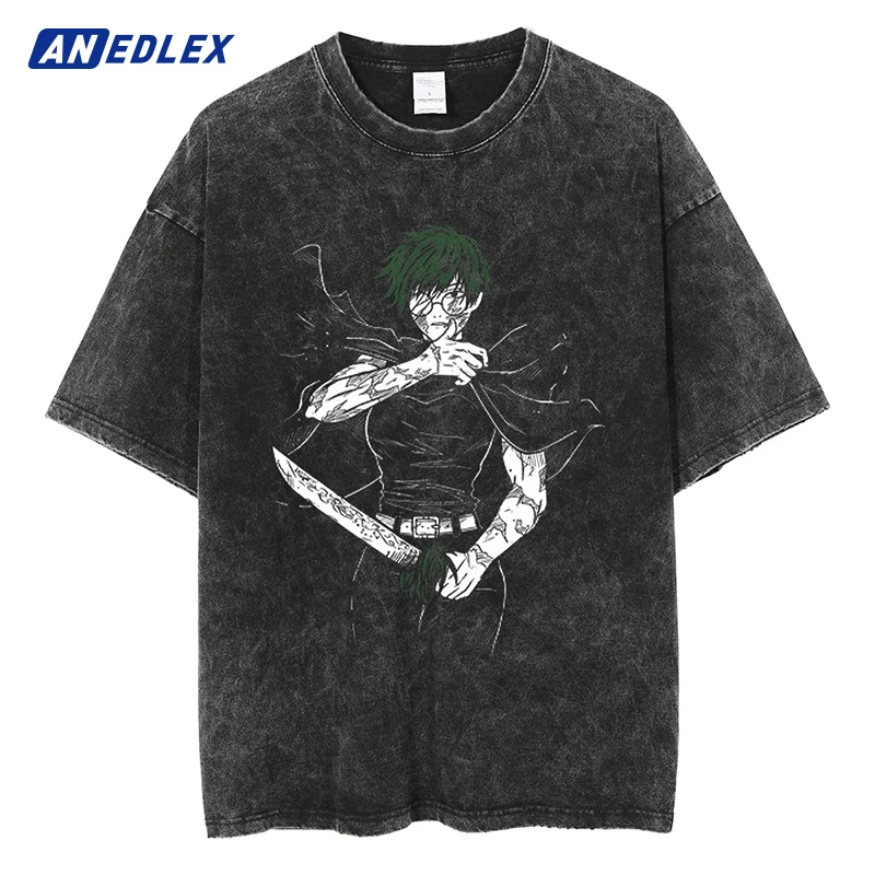 

Washed Oversized Black Tshirt Harajuku Streetwear Retro Japanese Anime T Shirt Men Casual T-Shirt Loose Cotton Tops Tees