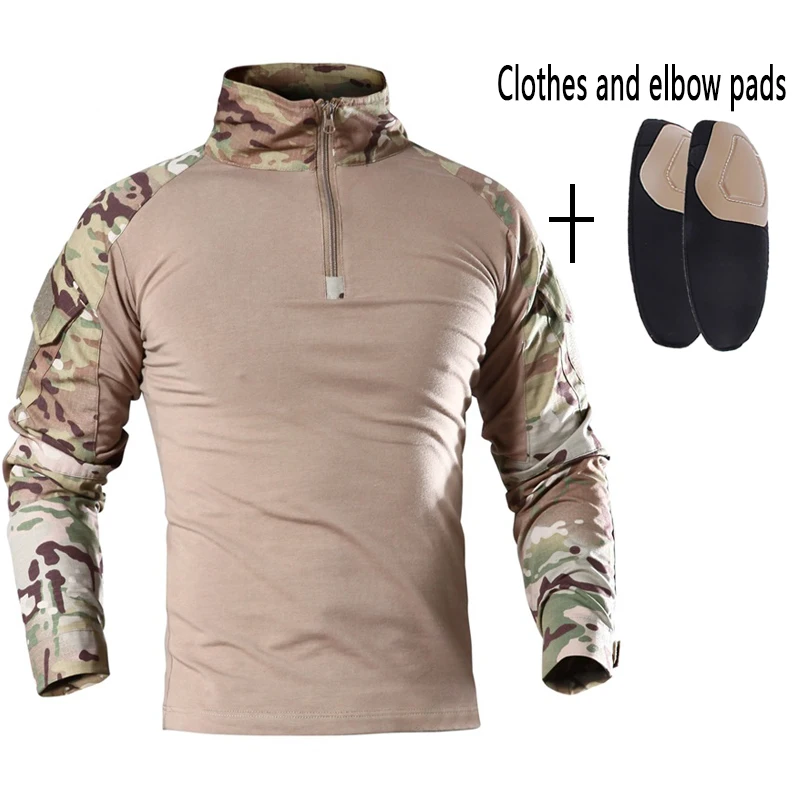 US Army Training Tactical Shirt Men Camping Hunting Cotton Combat Military Shirts Camoufalge Uniform Clothing With Elbow Pads