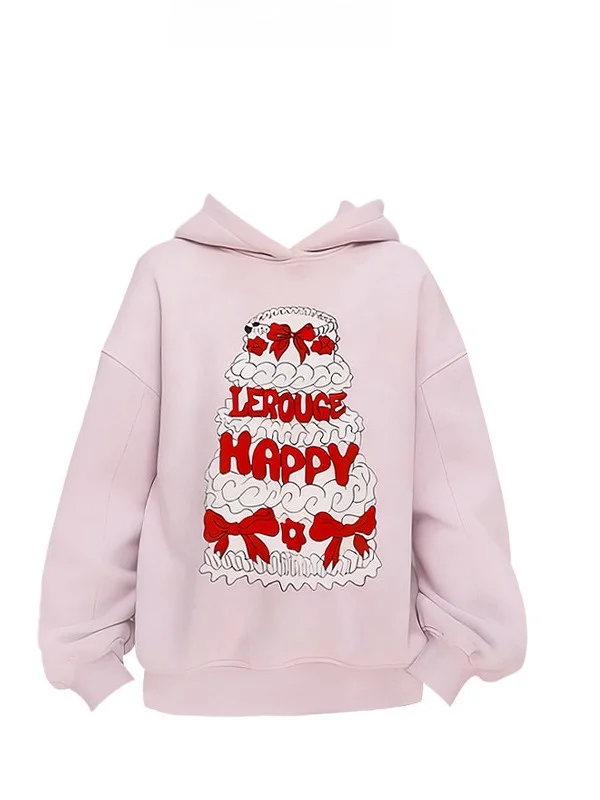 

Limited Edition Birthday Cake Print Loose Fce Hoodie Purple Taro Poer Women's Comfortable Long Sve Hoodie Casual Sle