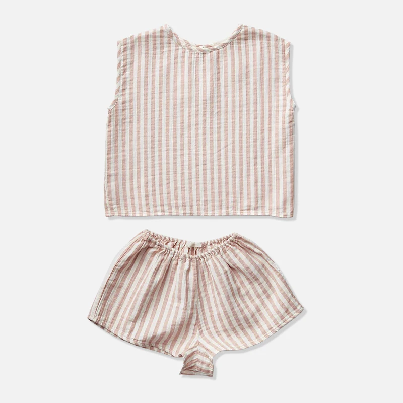 Classic Striped Sleeveless Girl\'s Suit 2023 Summer New Cotton Casual Mori Retro Children\'s Clothing Two Piece Sets