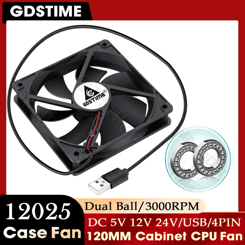 GDSTIME 120mm Fan 24V PC Case Fan 120MM*25MM Dual Ball Cooling Fan 12CM GPU Cooler 12V Computer Cabinet Fan 5V USB Laptop Fan