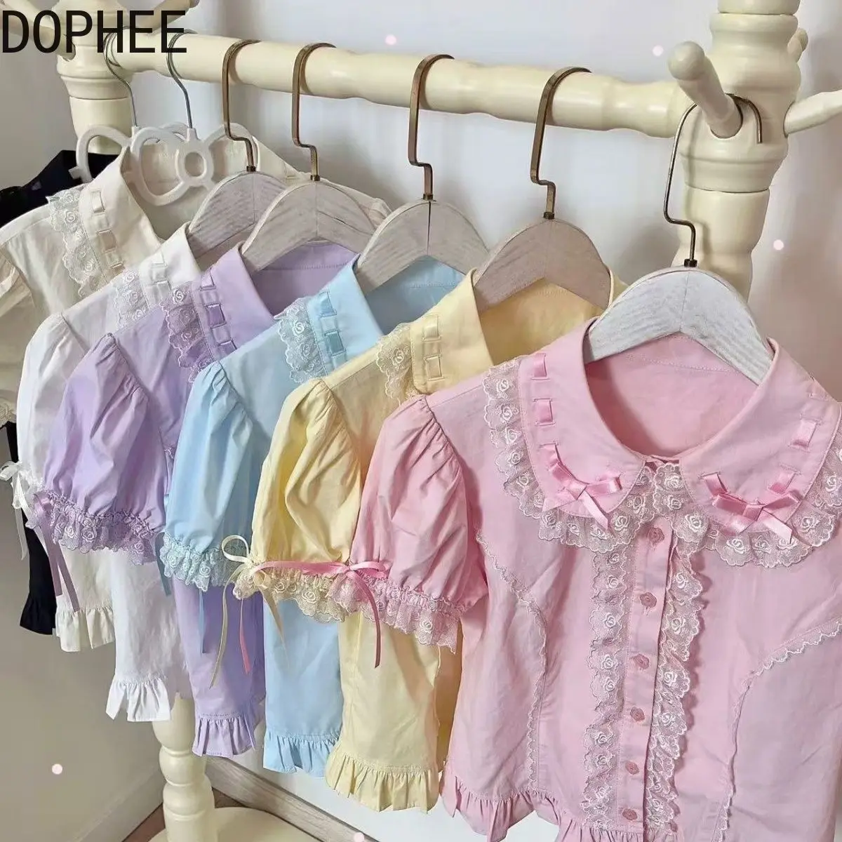 

Candy Color All-match Japanese Peter Pan Collar Sweet Shirts Students Lolita Top Elegant Lace Ribbon Bow Cute Women Blouses