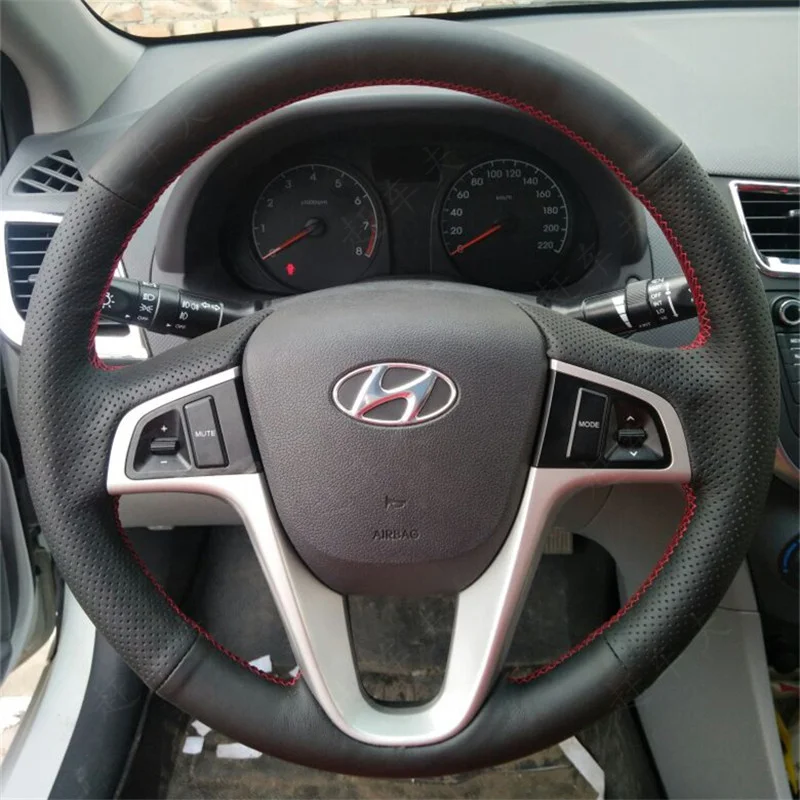 لشركة هيونداي فيرنا 2010-2016 سولاريس (RU) 2010-2016 i20 2009-2015 مخيط يدويا ألياف الكربون الجلود غطاء عجلة توجيه سيارة