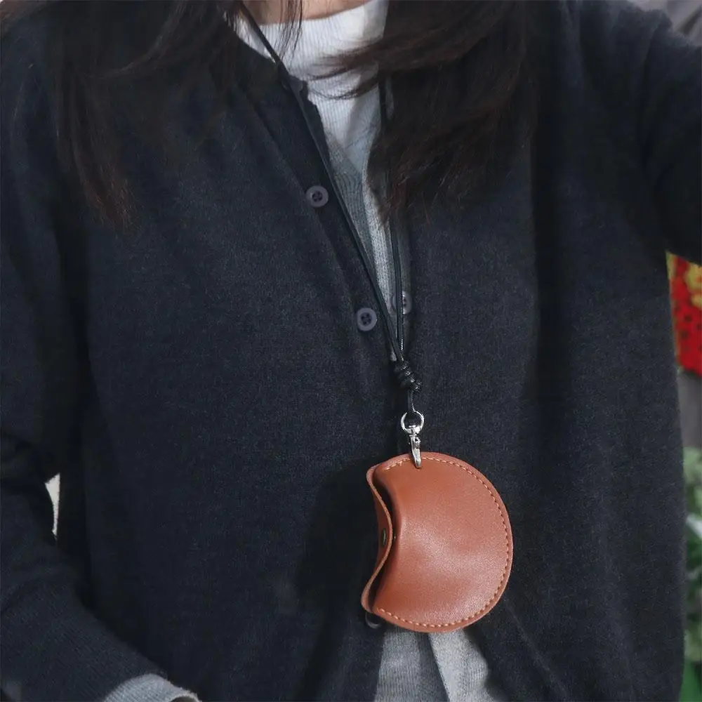 

PU Leather Hanging Neck Coin Purse Round Mini Wallet Hanging Neck Earphone Bag With Lanyard Small Items Bag