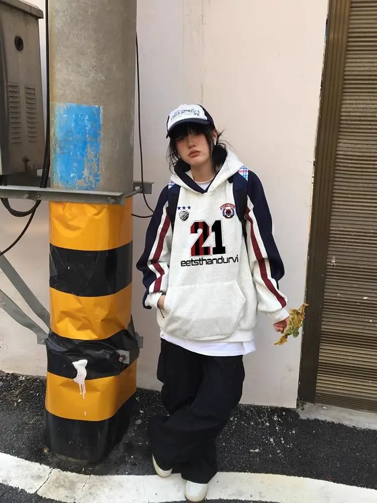 HOUZHOU Y2k Vintage Donna Felpe con cappuccio Oversize Harajuku Patchwork Felpe con cappuccio Coreano Stile Preppy Streetwear Casual Pullover