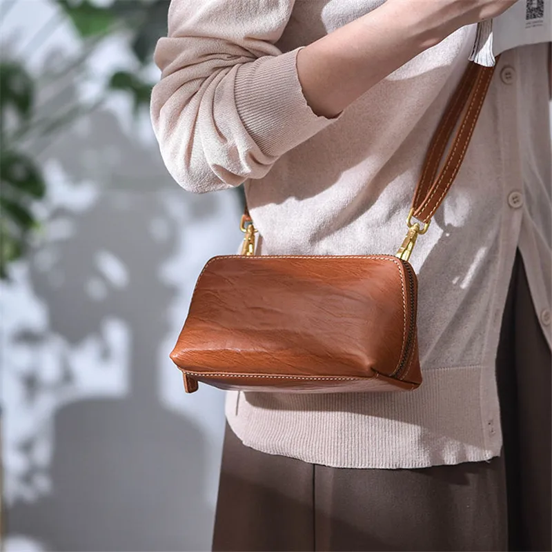 Vintage Fashion designer Natural real Leather Ladies Clutch Outdoor Leisure Girls Mobile Phone Storage Shoulder Diagonal Bag