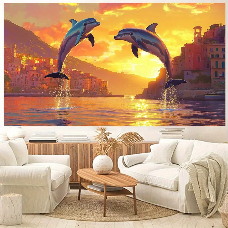 Colorful Sunset Seaside Town Digital printing polyester wall tapestry suitable for use in living rooms bedrooms bars and party