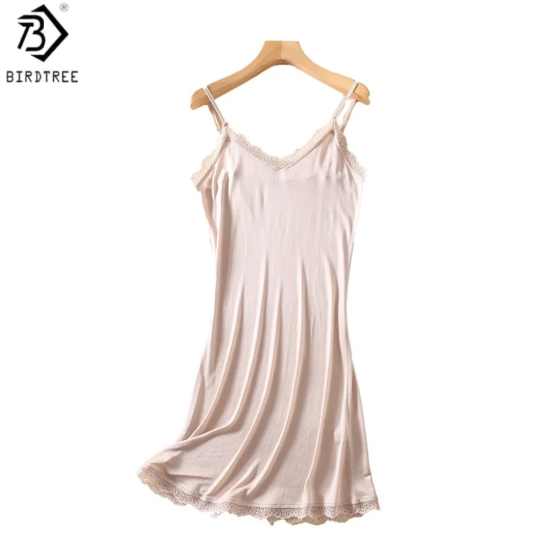 BirdTree, 30% Silk Sling Bottom Nightgown, Women V-neck Comfortable Dress, Eelgant Sleep Underskirt, 2026 Spring New D62904JF