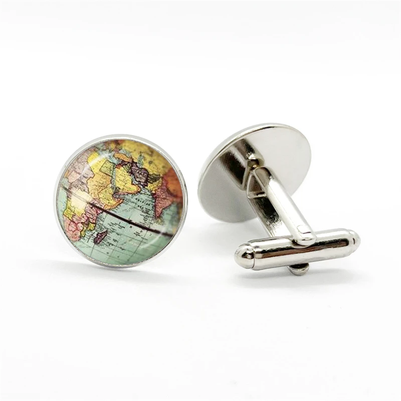 Vintage Earth World Map Cufflinks Globe Planet Art Photo Crystal Glass Dome Cabochon Shirt Cuff Links for Men Jewelry Gift