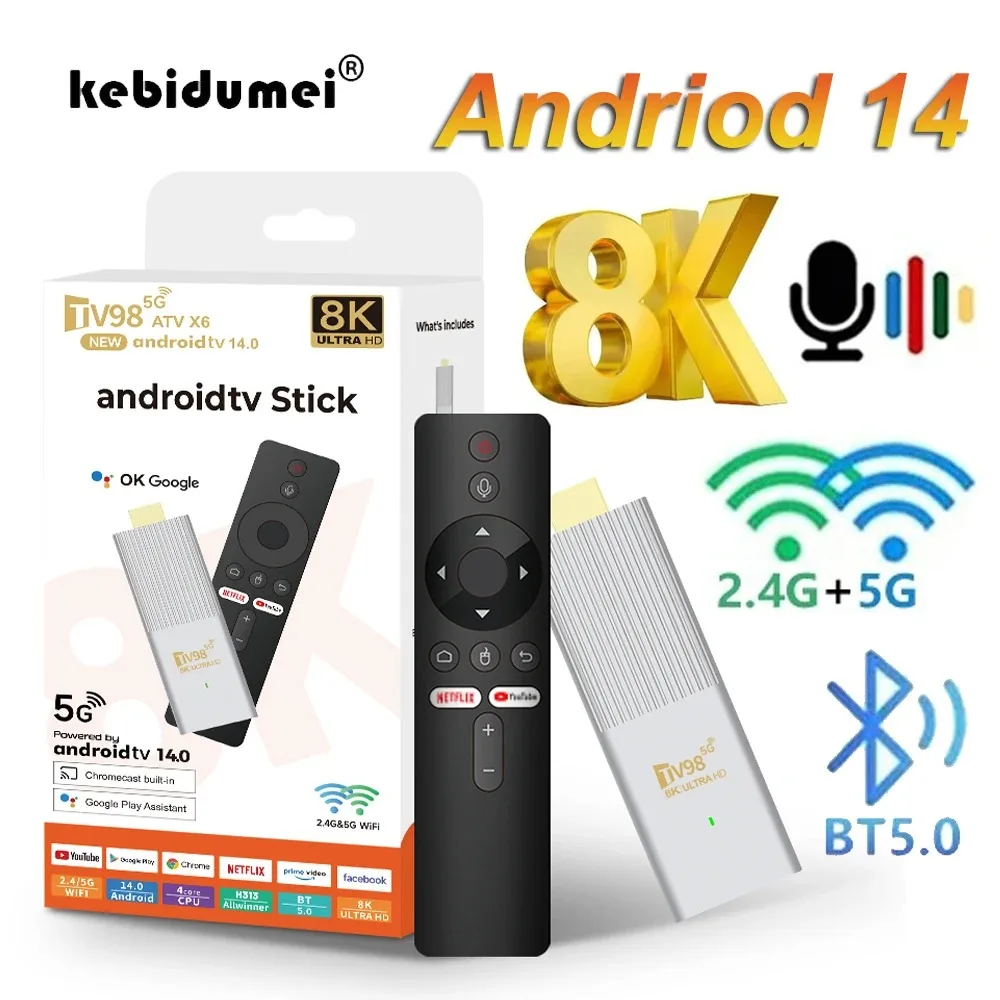 

Android 14 TV Stick Top Box 8K Allwinner H313 Quad Core BT5.0 Dual band WIFI Set-Top Box with Smart Voice control Remote Control