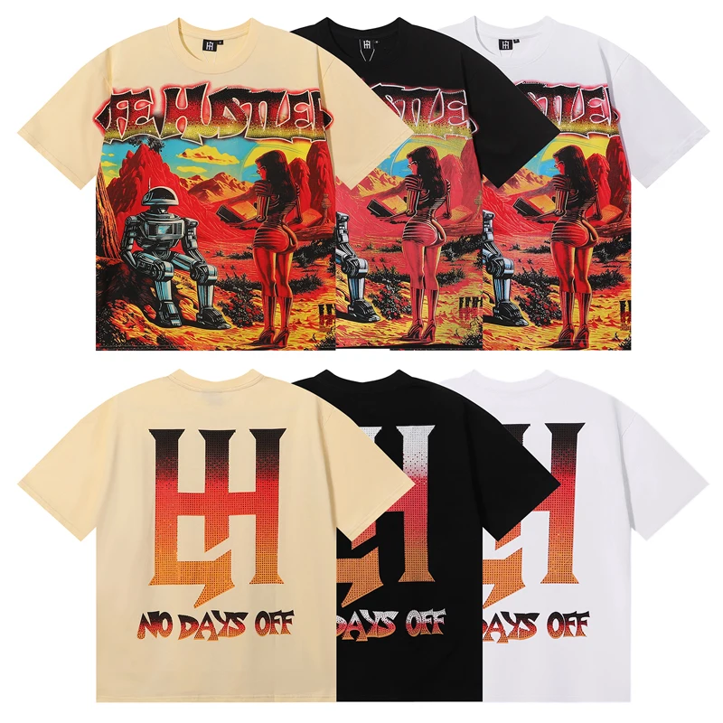 High Quality Rhinestone Shot Casual T-shirt Summer Men Women Trend Brand Space Teacher Printed Short Sleeved Tops