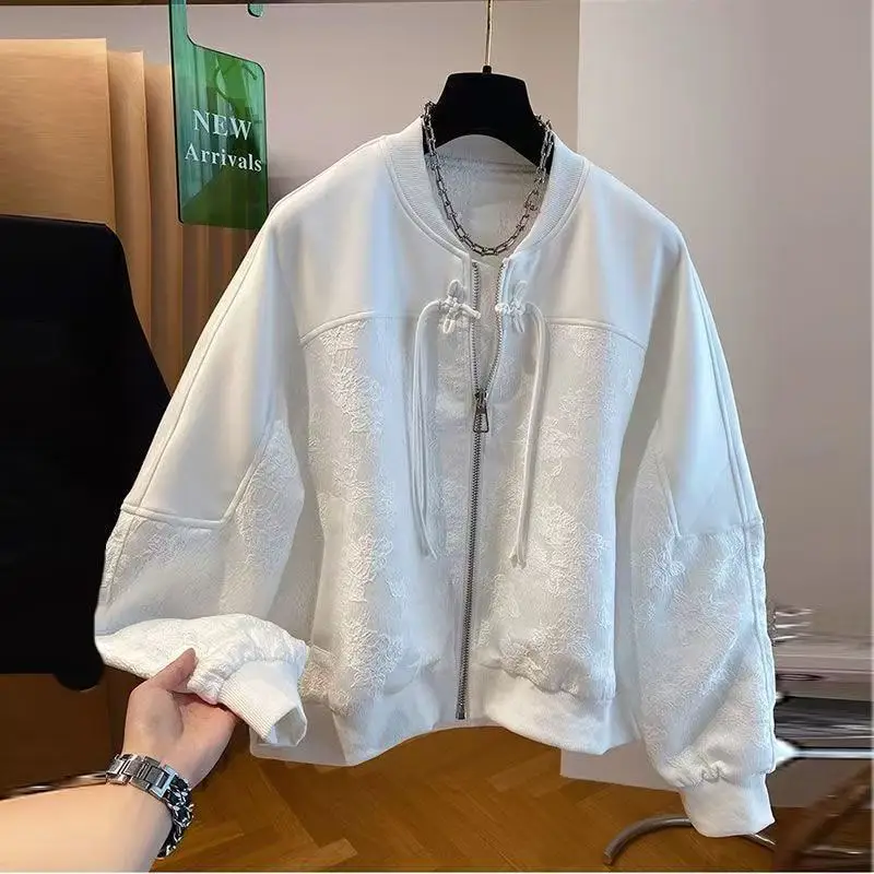 

Fashionable Round Neck Zipper Outerwear for Women Chinese Style Embroidery Design Long Sleeve Coat Versatile Loose Casual Jacket