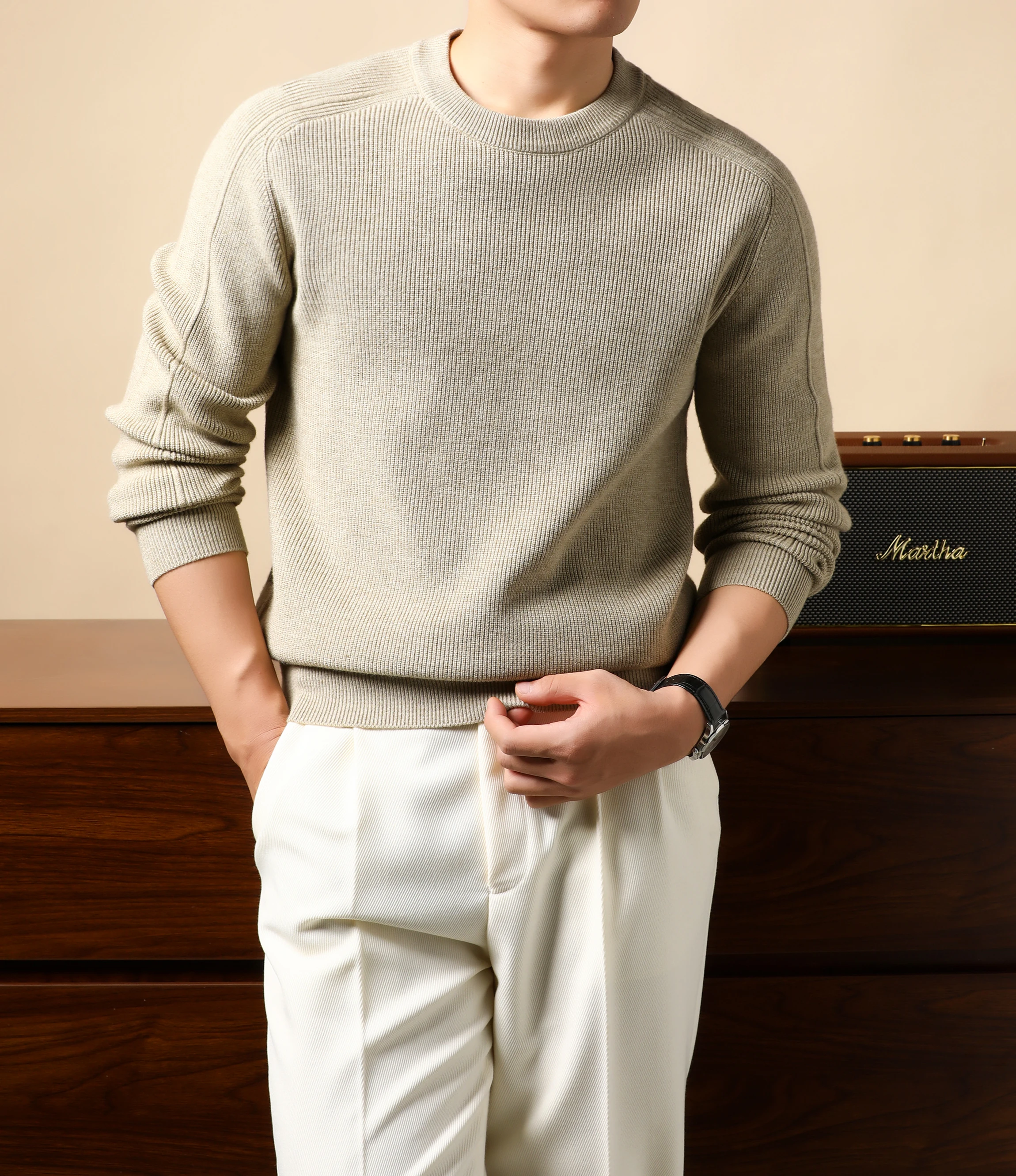 Trendy High-End Men's Sweater Autumn Winter New Classic Jacquard Round Neck Luxury Brand Simple Solid Color Casual Knit Pullover