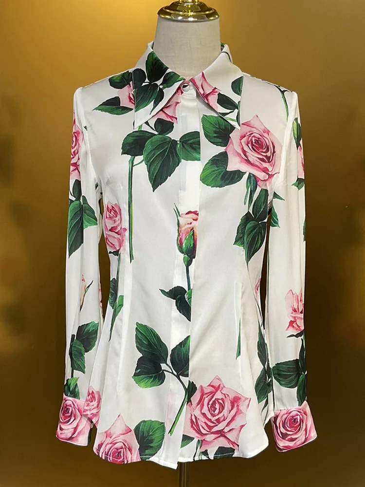 2025 NEW Women's Silk Shirt & Cotton Maxi Skirt Set Luxury Floral Rose Print Blouse High Quality Designer Inspired Fashion
