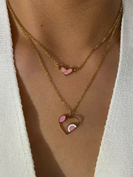 Peri'sbox Dainty Fashion Pink Enamel Hollowed Heart Pendant Necklace for Women Stainless Steel Choker Necklace Romantic Jewelry