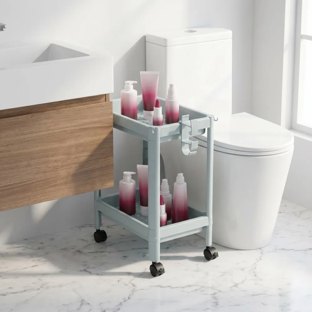 

Plastic Bathroom Floor Storage Shelf Nordic Blue with Wheels Freestanding Corner Rack 2 Tier Space Saving Storage Rack