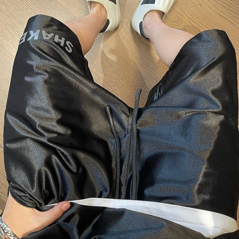 Men Shiny Silver Casual Shorts with Pockets Oversize Elastic Waist American Trendy Sports Pants Glossy Party High Street Bottoms