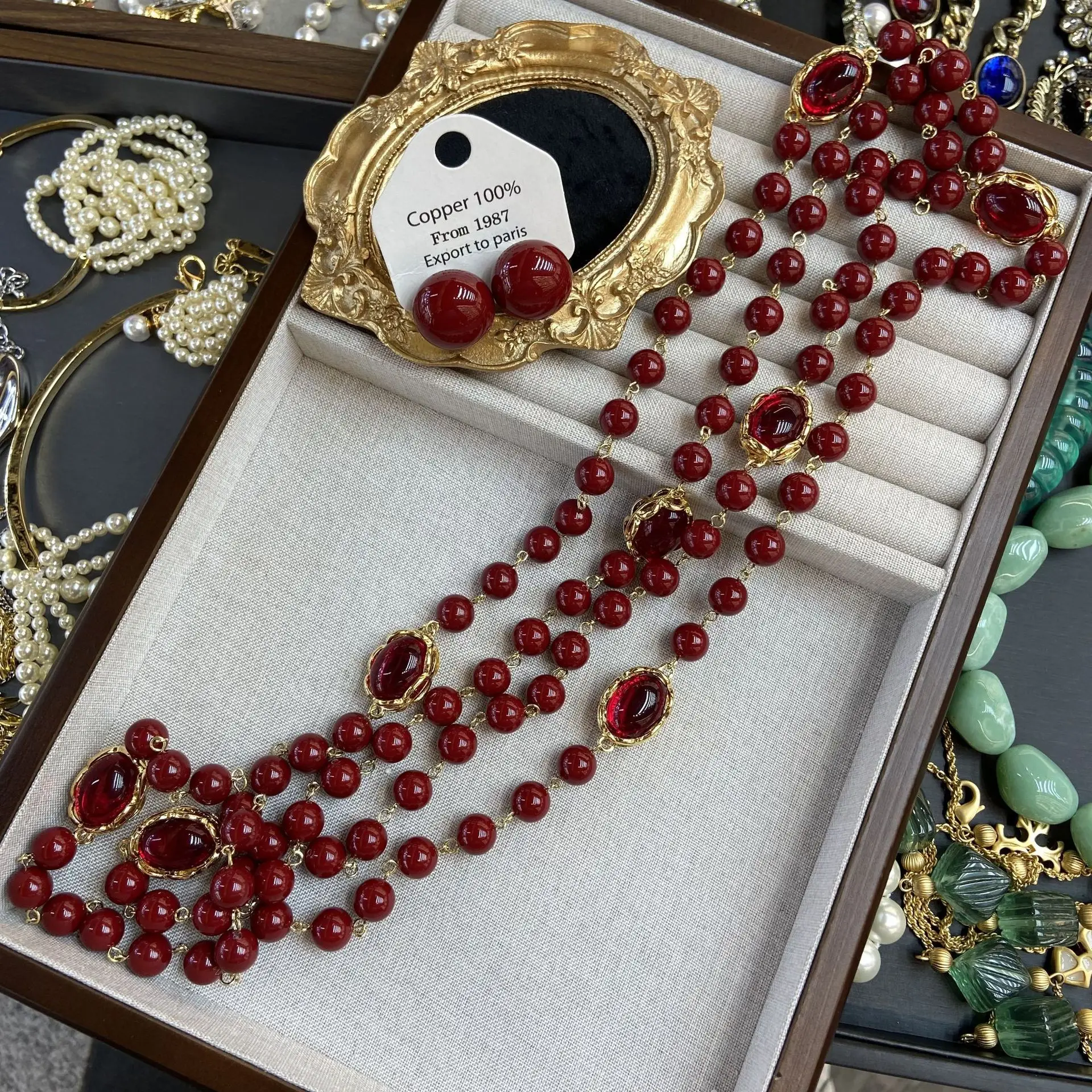2026 Anchor Red 10mm Beads Ultra-long Striped Beaded Glass Necklace for Long-Sleeved Sweater Fashion Luxurious Jewelry for Women