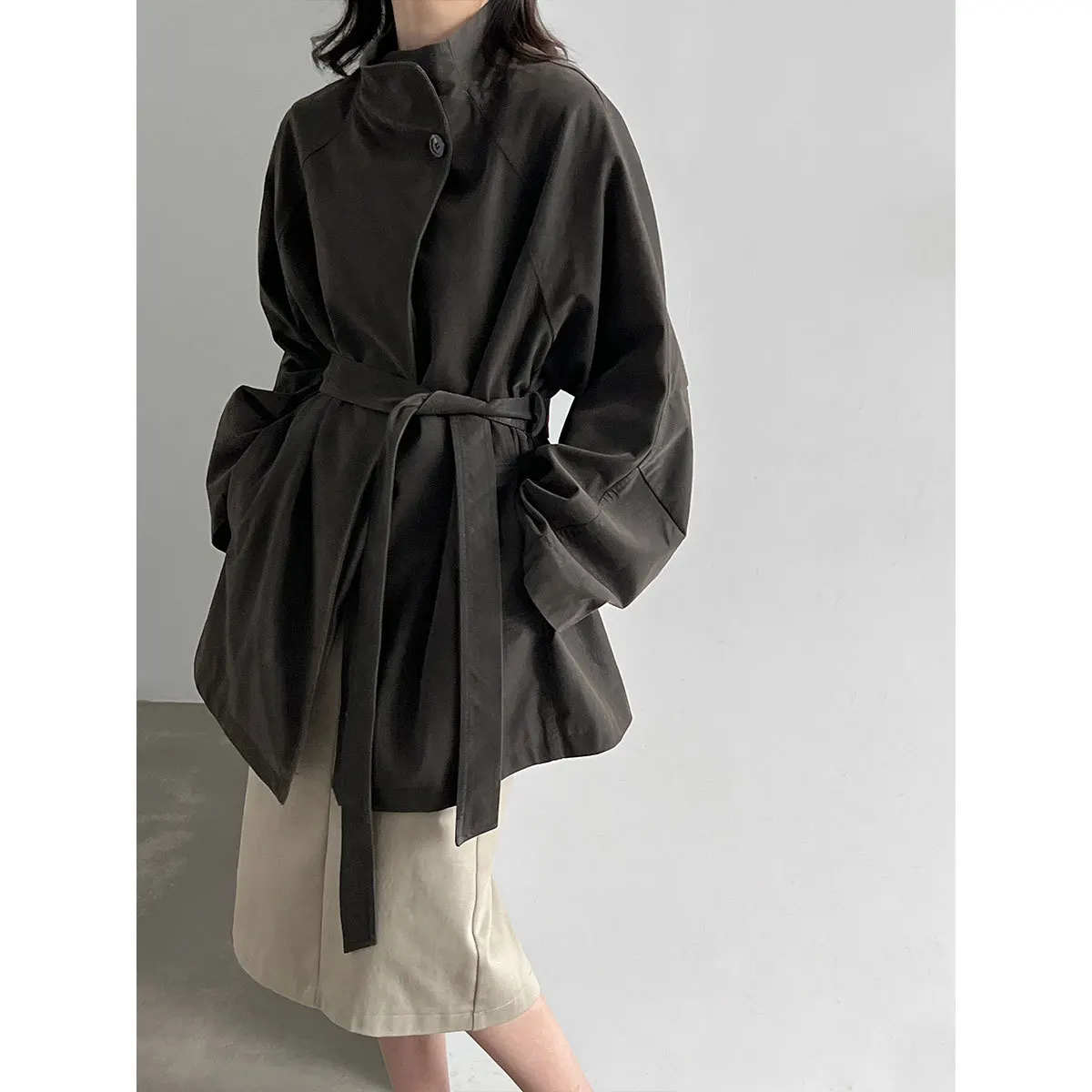 SuperAen Turn-down Collar Belt PU Leather Women's 2026 Autumn New Korean Style Retro Brown Mid-length Elegant Coats