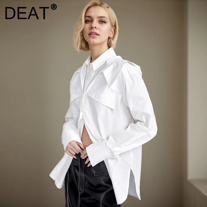 DEAT Fashion Shirt Women's Double Layer Collar Patchwork Single Breasted Side Slit Solid Color Designe Blouse New Tide 1DF3942