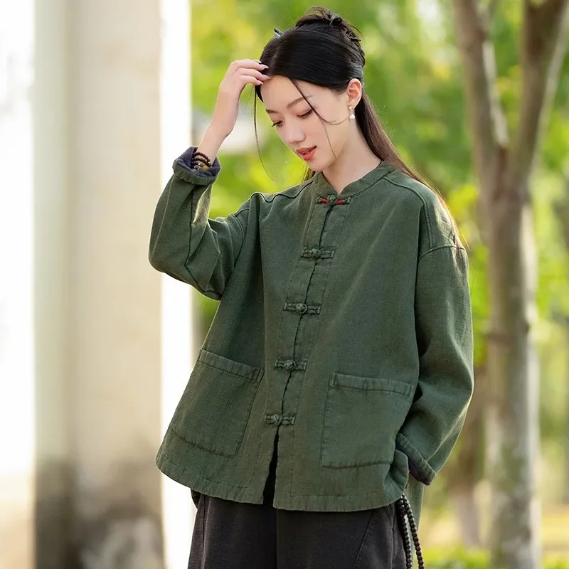 Solid Color Chinese Style Parkas Women Ramie Cotton Chinese Style Parkas 2025 Winter New Long Sleeve Plush Warm Coats
