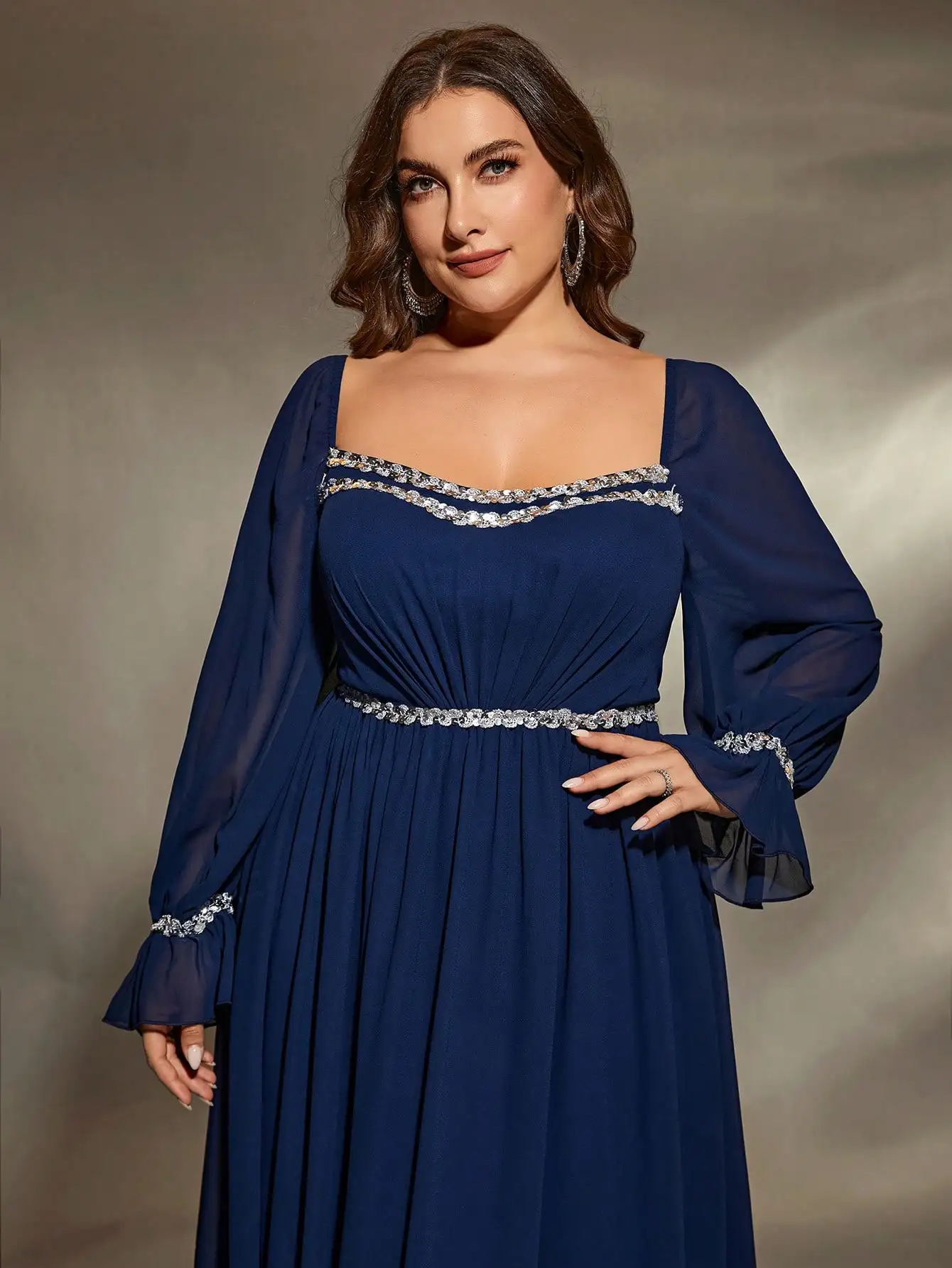 Mgiacy   plus size  Round neck sequin ribbon Trim Shoulders Bubble Long Sleeve waist pleat Chiffon A full Skirt Evening gown