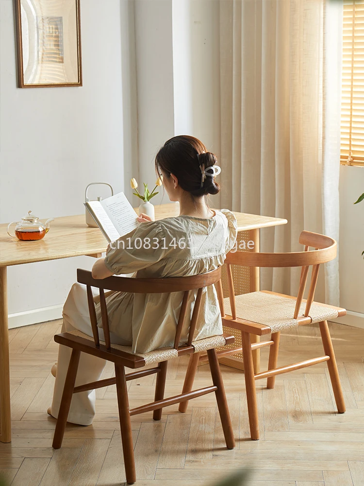 Old Solid Wood Home Rope Woven Dining Chair New Chinese Tea Chair Desk Log Table Backrest Furniture