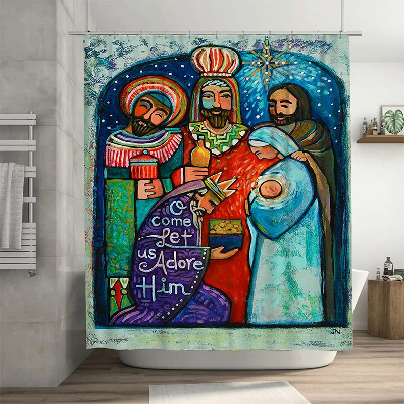 

Vibrant Nativity Shower Curtain for Christmas Decorations Handmade Artistic Religious Home Decoration.
