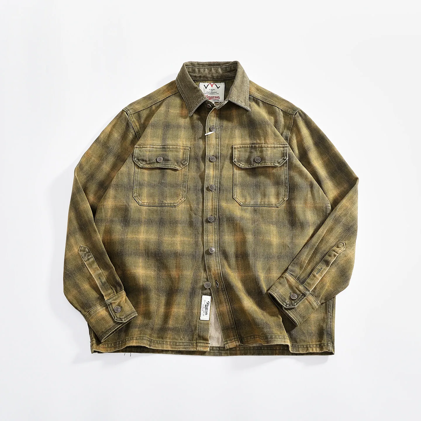 American heavyweight plaid work shirt men's washed distressed denim texture pocket lapel loose jacket trendy