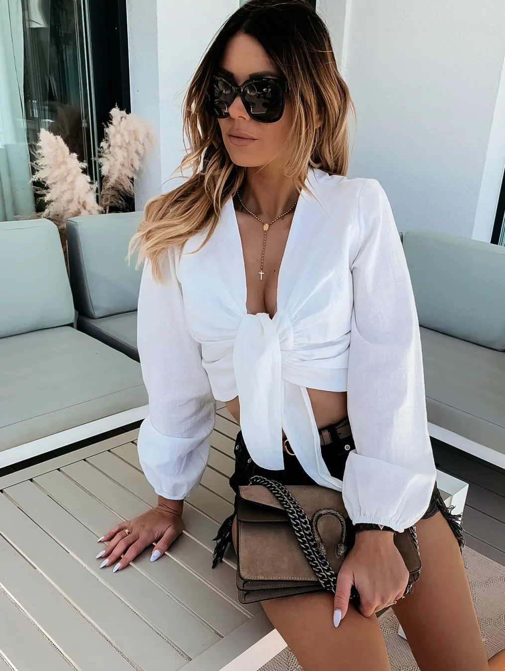 

Faionable ort Tube Top Sexy Blouse Women's Autumn 2020 V-ne Long Sve Lantern Sve Color Versatile irt