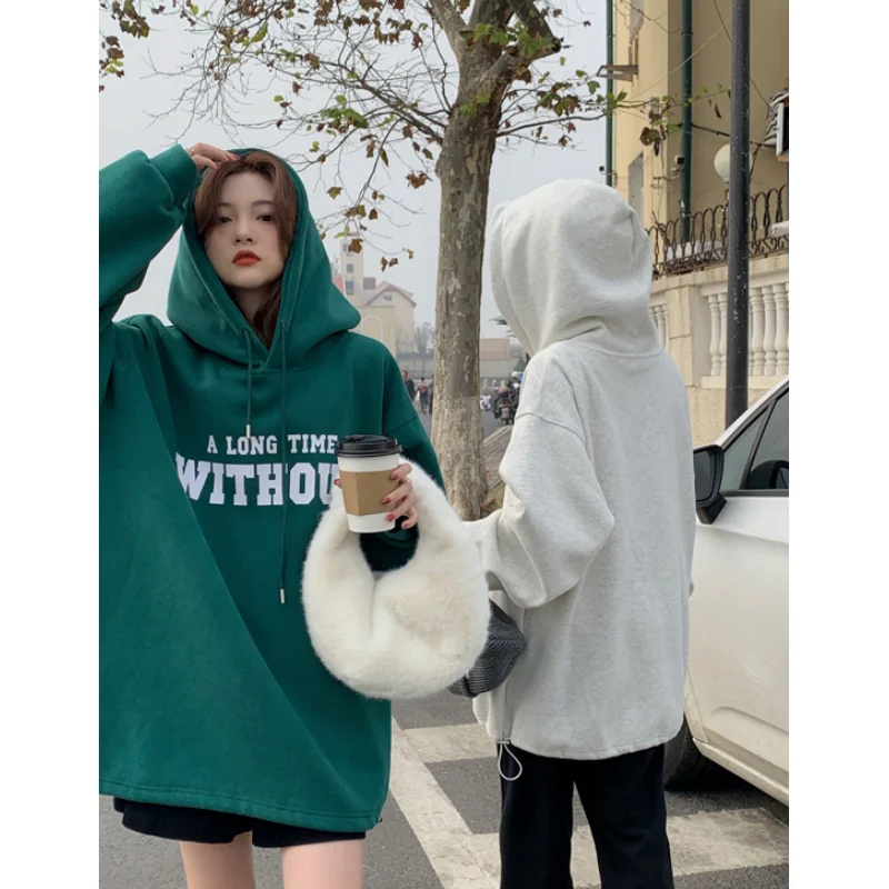 

Spring Green Women Clothing Korean Fashion Y2K Baggy Pullover Sweatshirt Letter Print Raglan Sleeves Long Sleeves Grey Hoodie