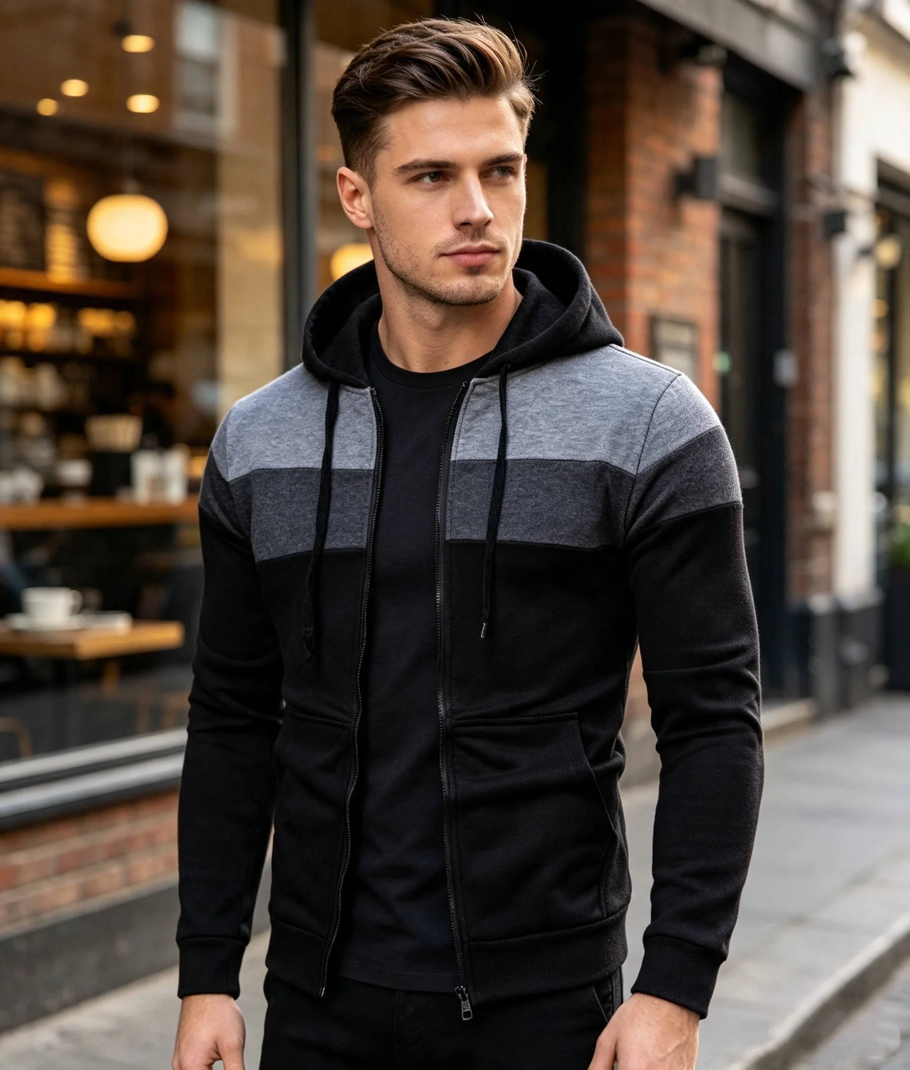 New men's hooded zipper splicing color sports top fleece insulation casual wear hooded sports top zipper comfortable hoodie