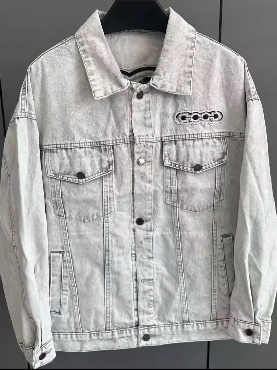 

Embroidered Loose Fit Casual Men's Denim Jaet Collared Couple's Jaet Trendy Stand Fit Vintage Sle Long Sve