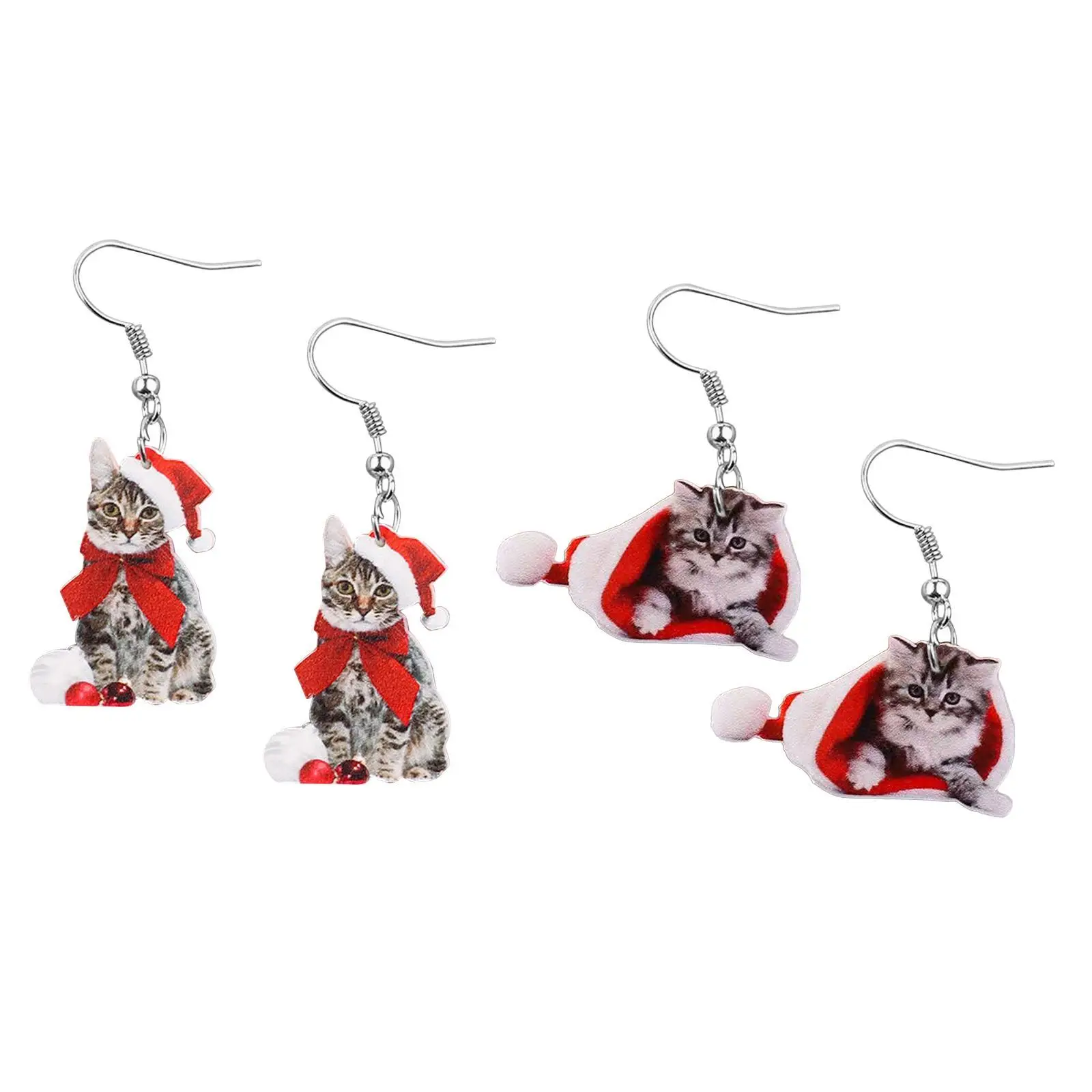 Adorable Christmas Cat Earrings Acrylic Xmas Creative Decoration Dangle Drops for Street Stage Show Events Holidays Themed Party