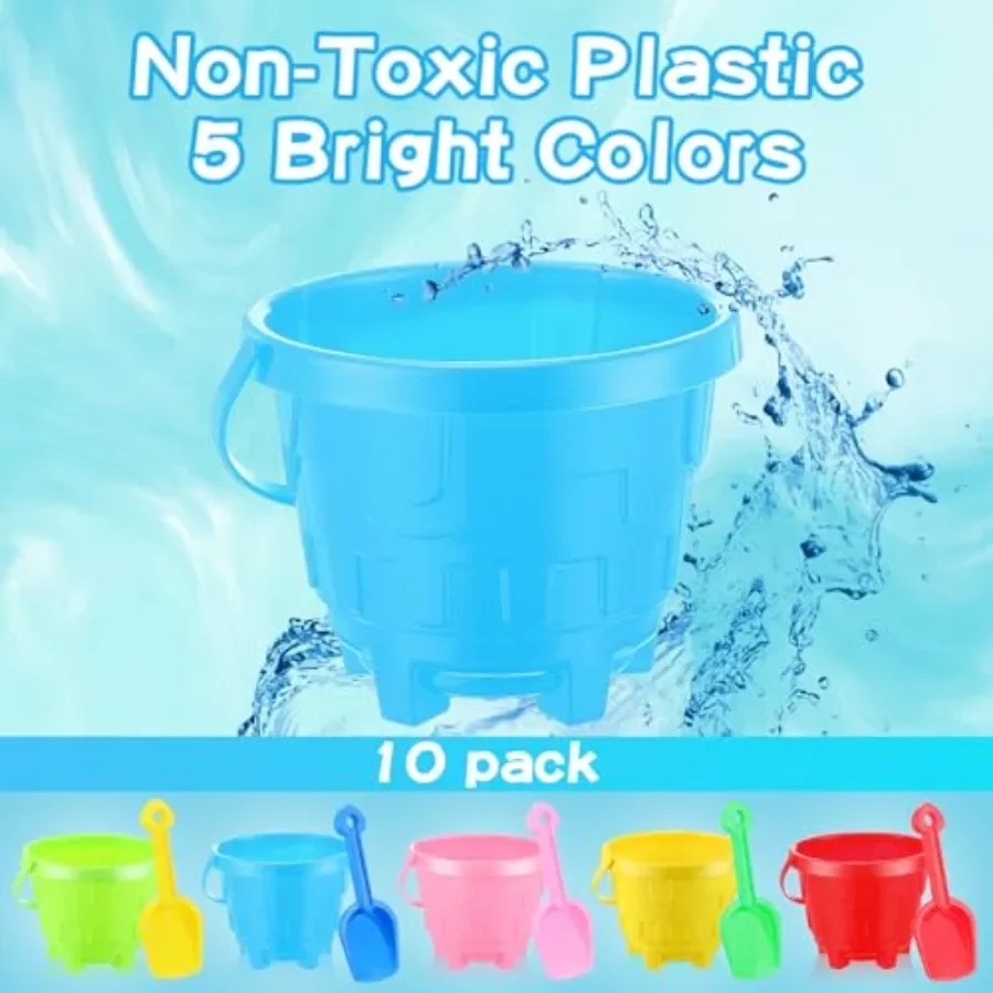 Juego de 10 Uds. De cubos de arena para playa y 10 Uds. De palas de arena para niños, juego de juguetes de playa de verano, cubo de plástico en forma de castillo de 5,9 pulgadas y S
