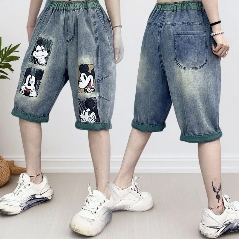 2026 Summer Women's Cartoon - Embroidered Jeans, Loose Plus - Size Five - Sixths Harem Shorts, Slimming and Retro, Versatile