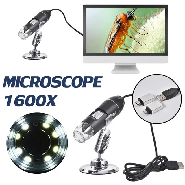 Regulowany mikroskop cyfrowy 1600X 2MP 1080P 8 LED typu C/Micro USB lupa elektroniczny endoskop stereo USB do telefonu PC