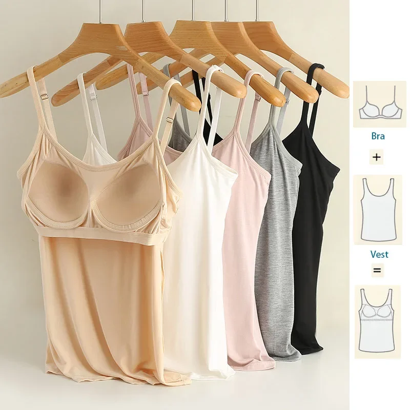 M-3XL For 35-85kg Modal Plus Size Camisole Tank Top With Fixed Cup Women's Chest Padded Outer Wear Bottoming Underwear Wear-Free