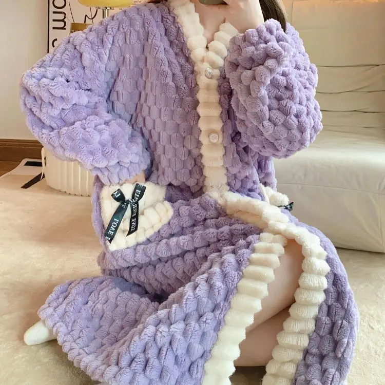 

Autumn and Winter New Women's Sleepwear Loose V-neck Casual Robes Sleep Dress