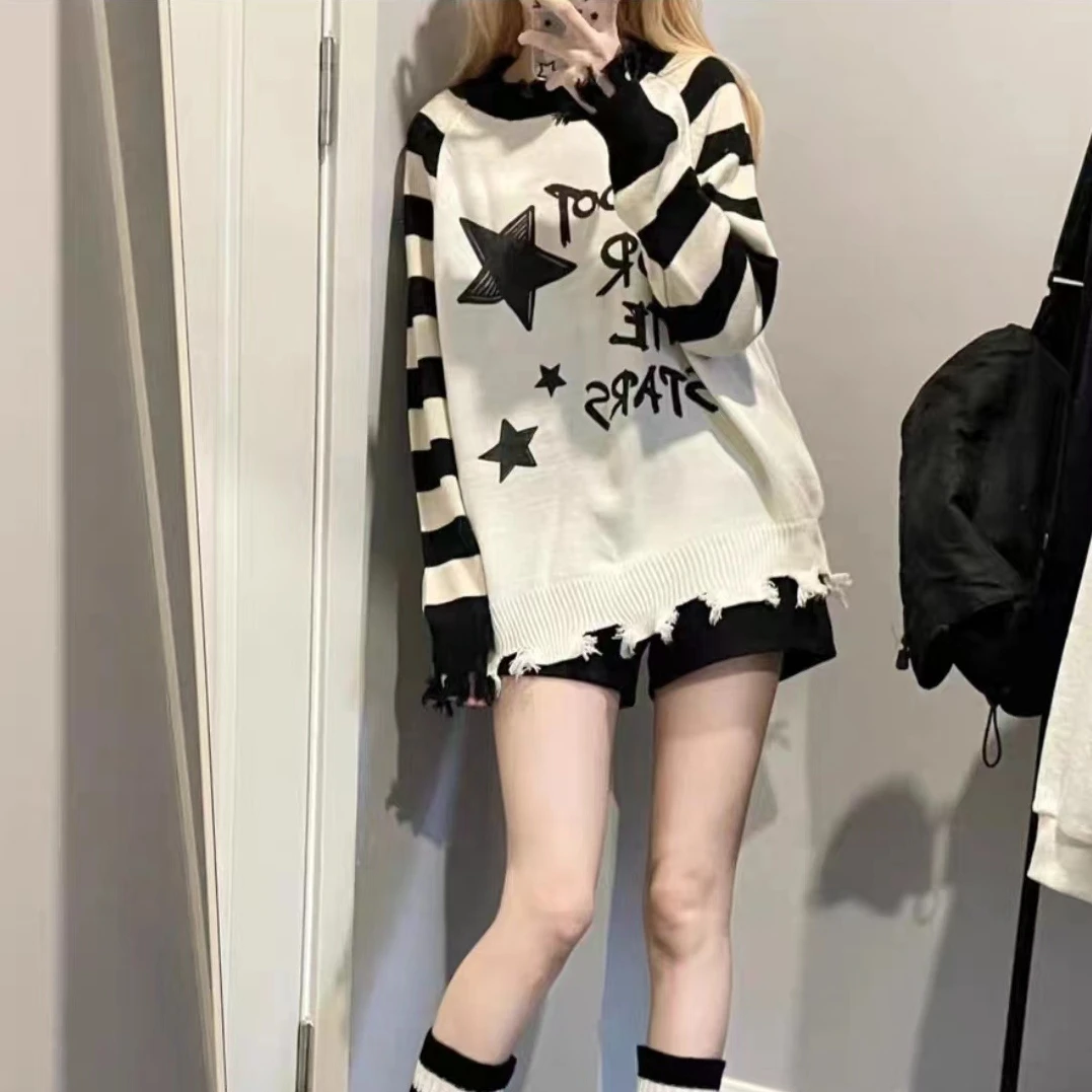 Striped Harajuku Loose Women Sweaters Ripped Grunge Y2k Aesthetic Star Letter Print Sueter Mujer Goth All Match Casual Pullovers