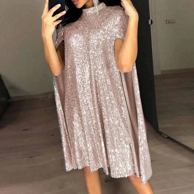 

Elegant Solid Sequined Dress For Women Fashion Half High Collar Loose Pullover Dresses Spring Summer Lady New Party Style