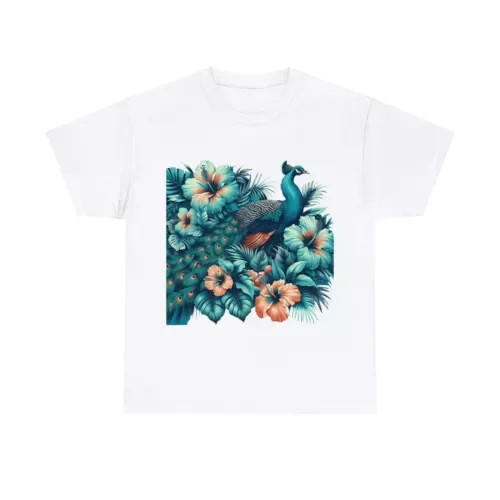 Unisex Adult Graphic T Shirt: Majestic Peacock Teal Hibiscus Tropical Art Floral Unisex T-shirts For Man Woman Short Summer Tees