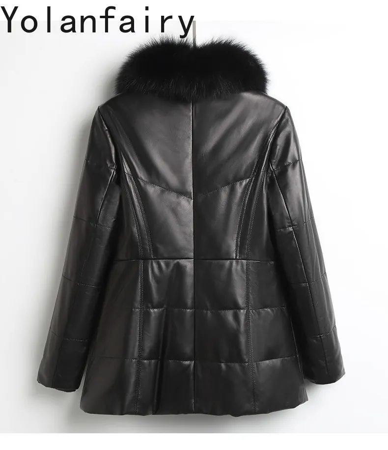 YOLANFAIRY Real Sheepskin Leather Down Coat 2026 Winter Mid-length Genuine Leather Jacket Women Fox Fur Collar Puffer Coats