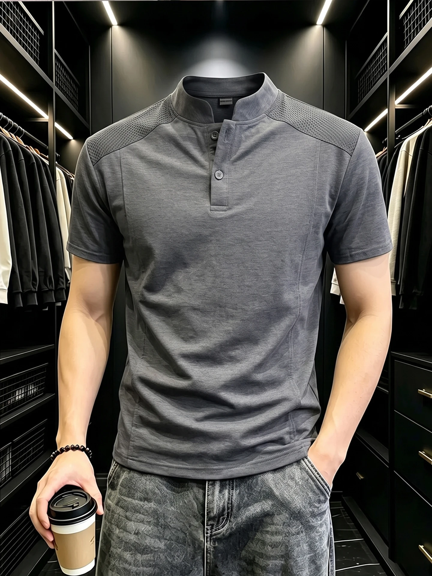 Black Mesh Breathable Henry Collar Short Sleeve Men's Summer Thin Ice Silk Shoulder T-Shirt Deconstructed  Shirt Half Sleeve