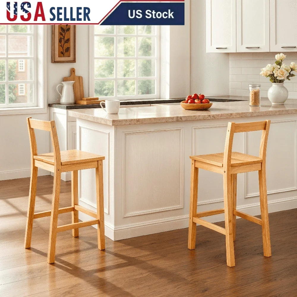 Indoor Counter Stools Set of 2 Pine Wood Backrest Bar Chairs Durable Comfortable Design Dining Kitchen Workspace