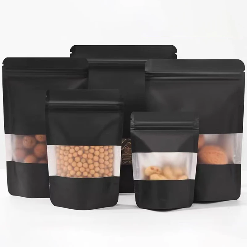 50pcs/100pcs Matt Black Stand Up Food Packaging Pouch with Window Custom Printed Zip Lock Foil Lined Pet Food Tea Doypack Bag