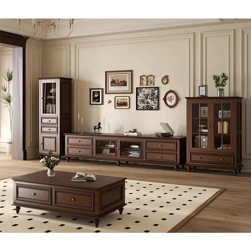 American solid wood TV cabinet 24 years old new retro medium and ancient style walnut light luxury floor TV cabinet