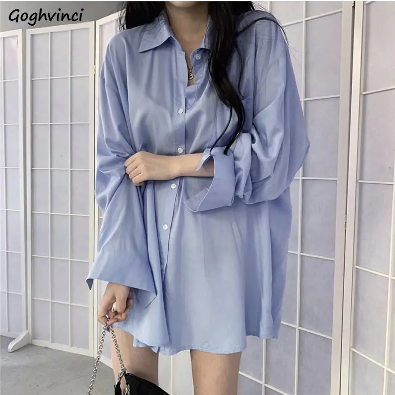 Solid Shirts Women Single Breasted Thin Simple All-match Korean Style Chic Leisure Fashion Loose Female Blouses Ins BF Teens New