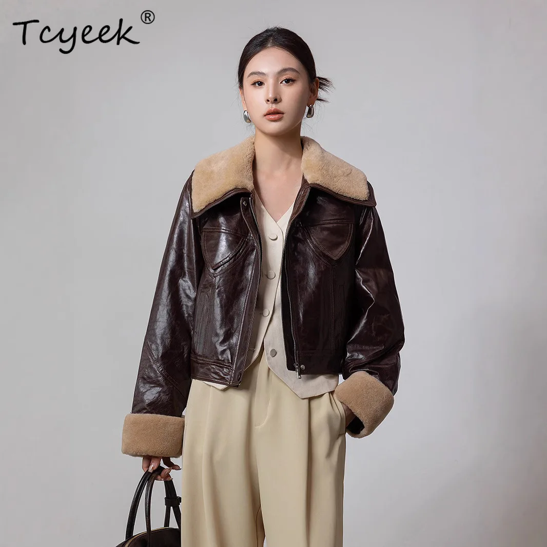 Tcyeek Goatskin White Goose Down Autumn Winter Lapel Retro Women's Genuine Leather Jacket Jaqueta De Couro Legítimo Feminina